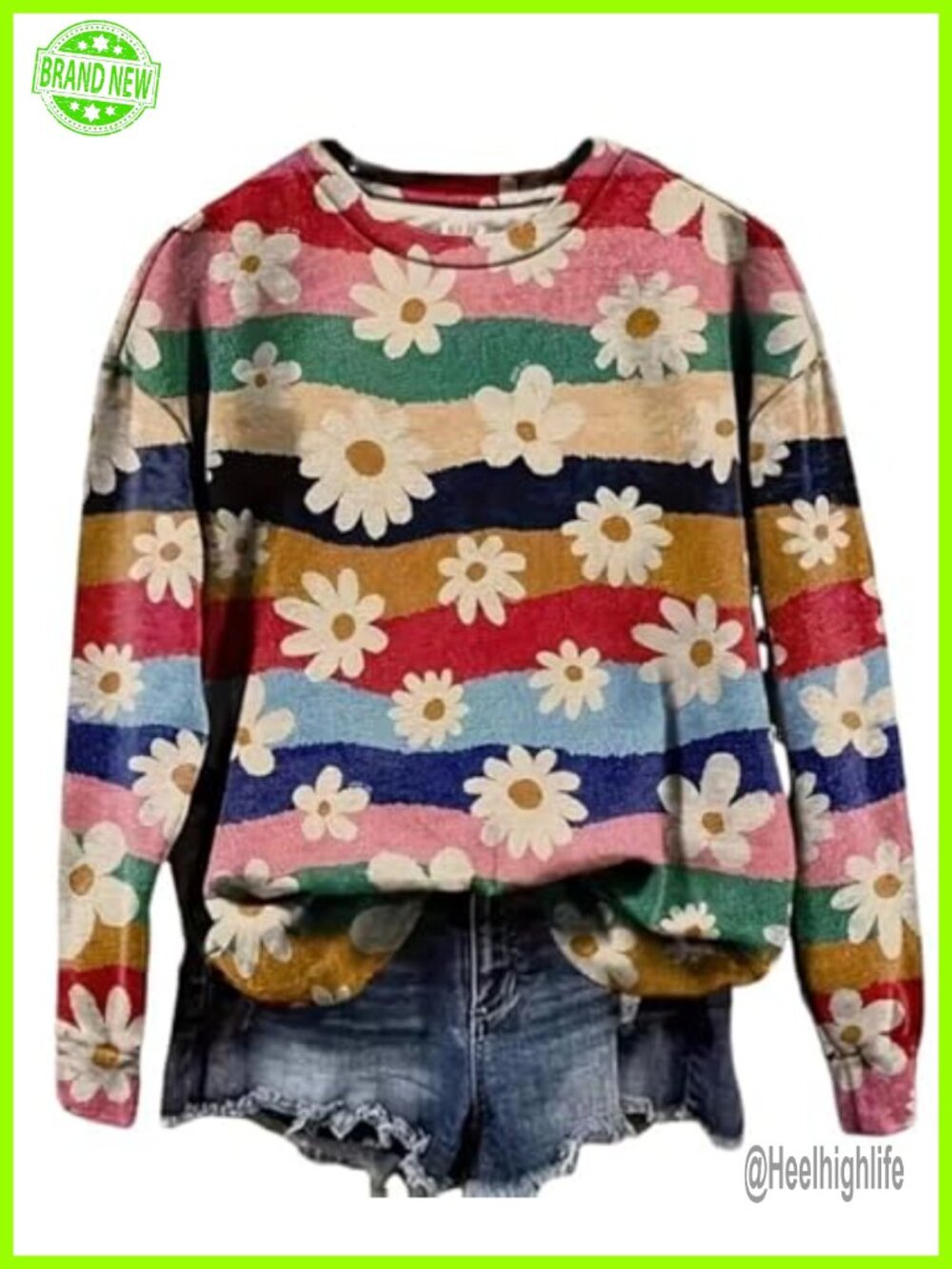 Womens Boho Floral Sweatshirt Cotton Blend Pullover Crew Neck Long Sleeve